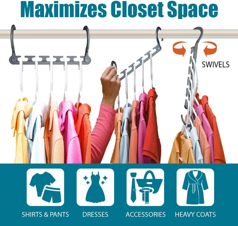 Wonder Hanger Max Space Saving Closet Hangers, 10-Pack, 360° Swivel, Grey