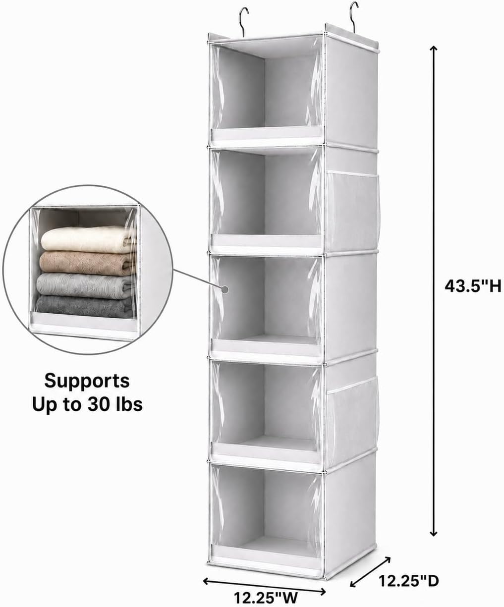 Vailando 5-Shelf Hanging Closet Organizer with Clear Dust Covers, Gray