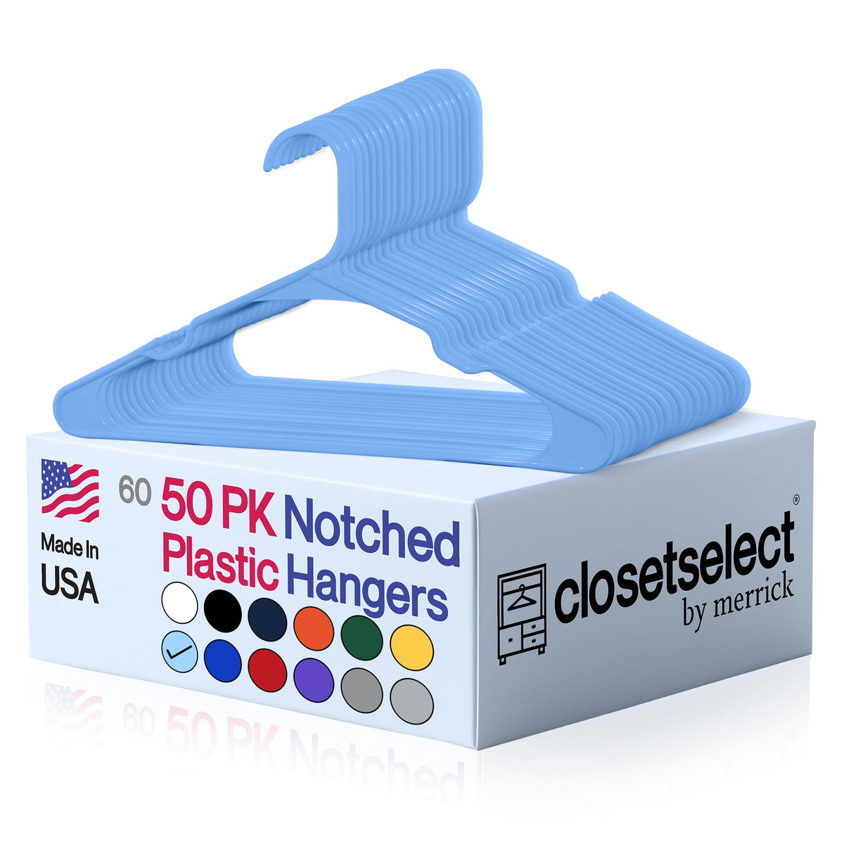 Closetselect Plastic Hangers 50 Pack, Strong Space Saving Notch Hanger, Made in USA, Perfect Shirt or Coat Plastic Hanger, with Shoulder Grooves, White, Notched