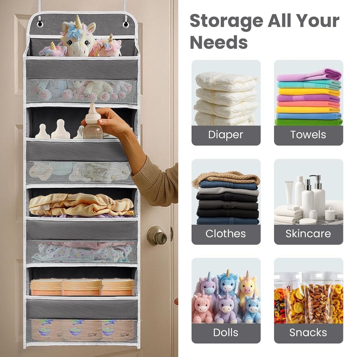 Over the Door Organizer 4 Shelves & 4 Side Pockets, Hanging Door Storage