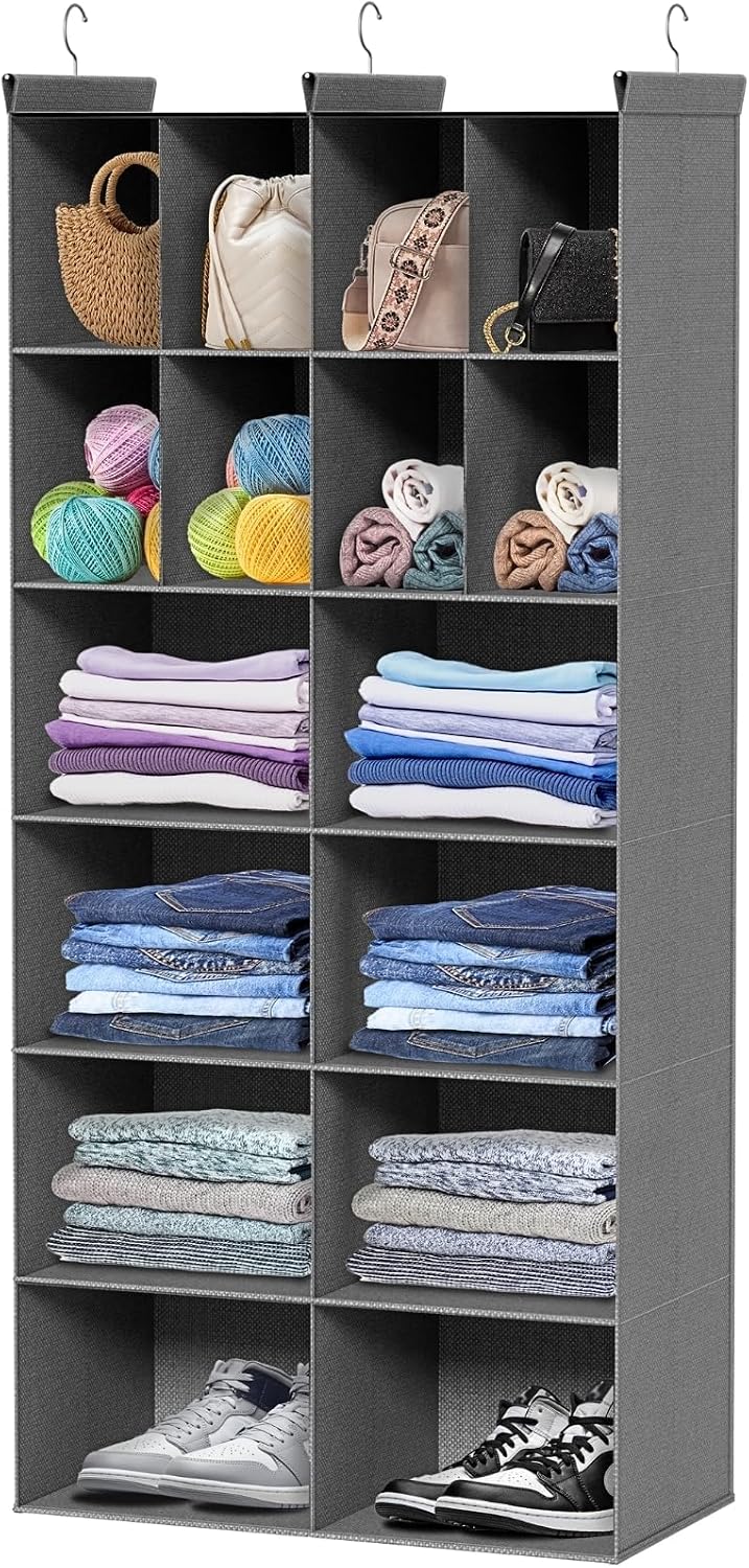6 Tier Hanging Closet Organizer, 16 Compartments Dual Row Storage, Grey