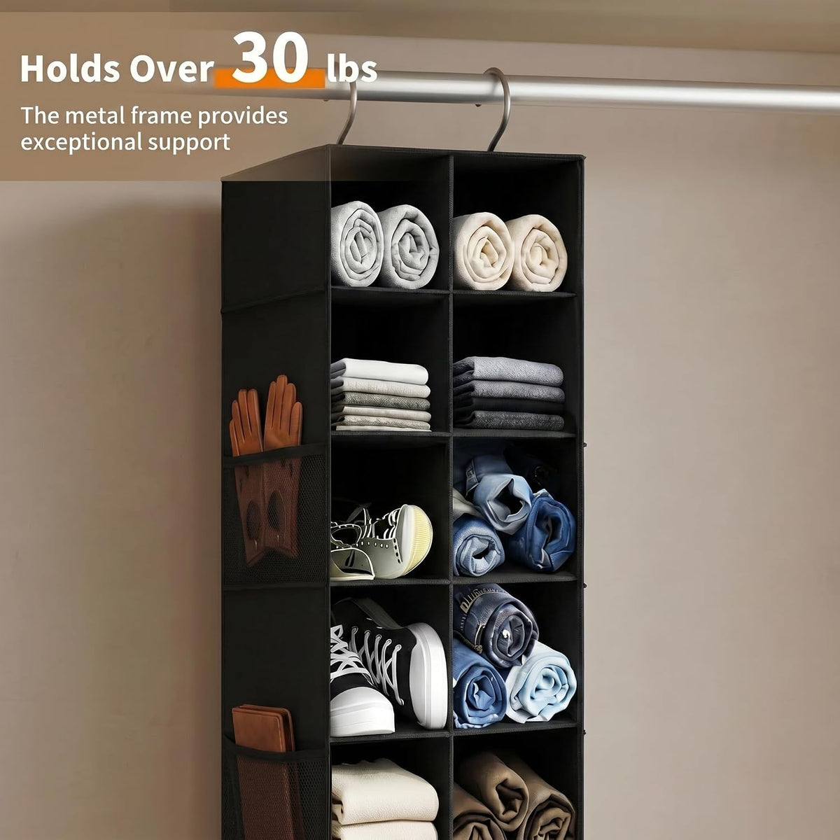 Hanging Shoe Organizer for Closet - 20 Extended Sections Closet Shoe Storage Rack with 8 Side Mesh Pockets, Foldable Shelves Holder for Clothes Shoes Shirts Jeans Hats