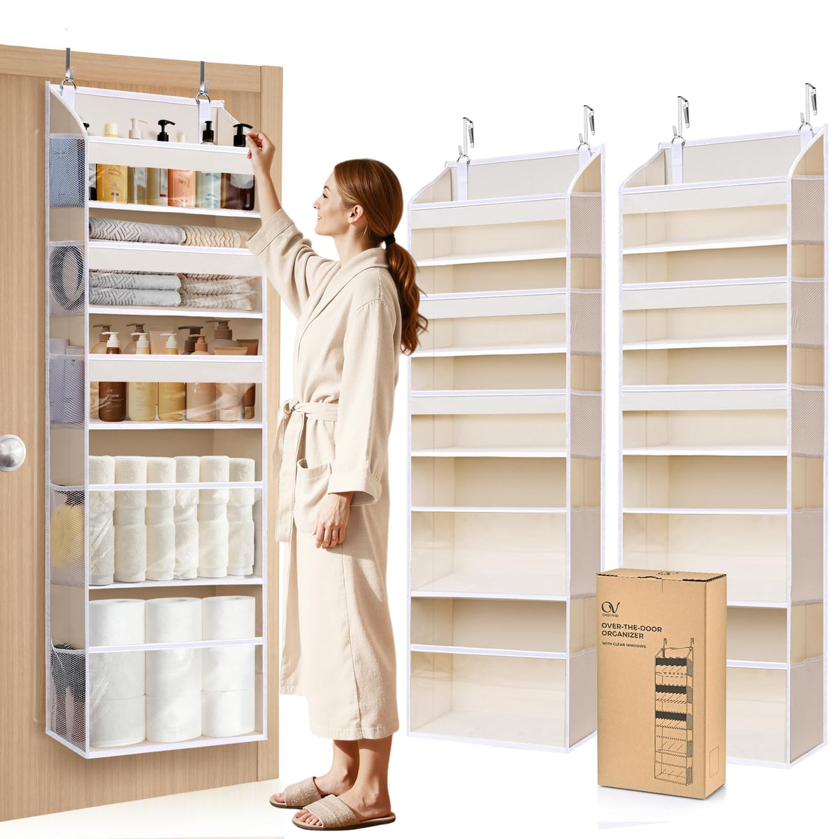 5 Tiers Over the Door Organizer with 10 Mesh Side Pockets, 44 lbs Weight Capacity Closet Hanging Storage Organizer with Large Clear Window Kids Toys, Shoes, Diapers, Beige