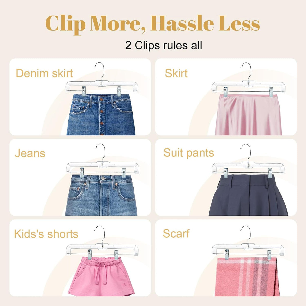 HOUSE DAY 14 Inch Clear Pants Hangers with Clips 12 Pack, Skirt Hangers