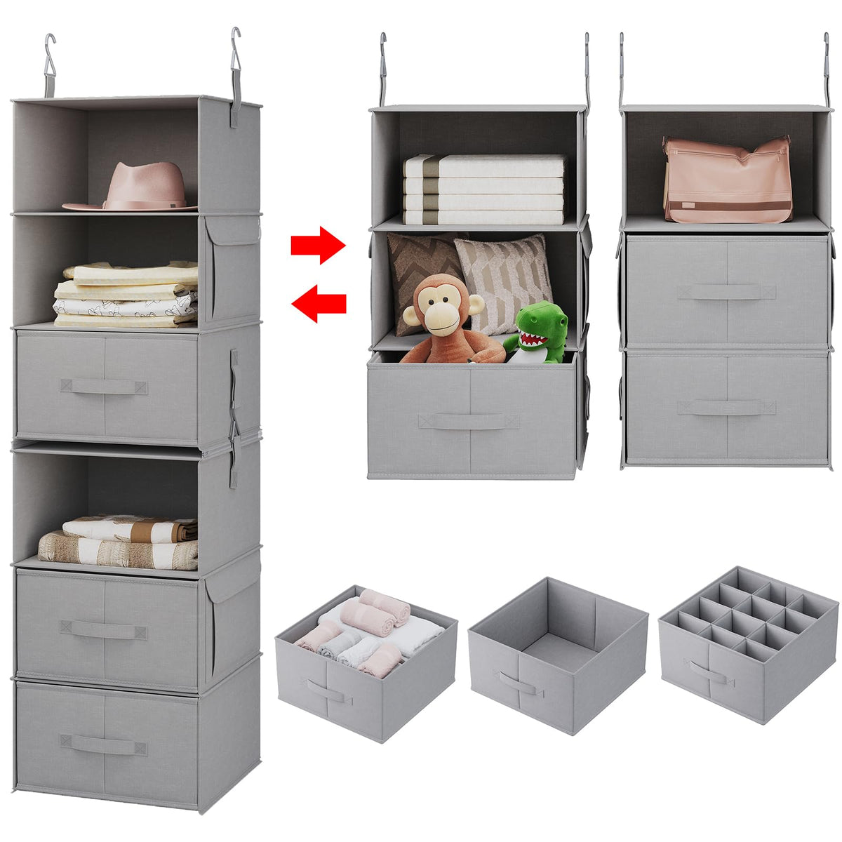 6-Shelf Hanging Closet Organizer with 3 Drawers, Separable, Silver Gray