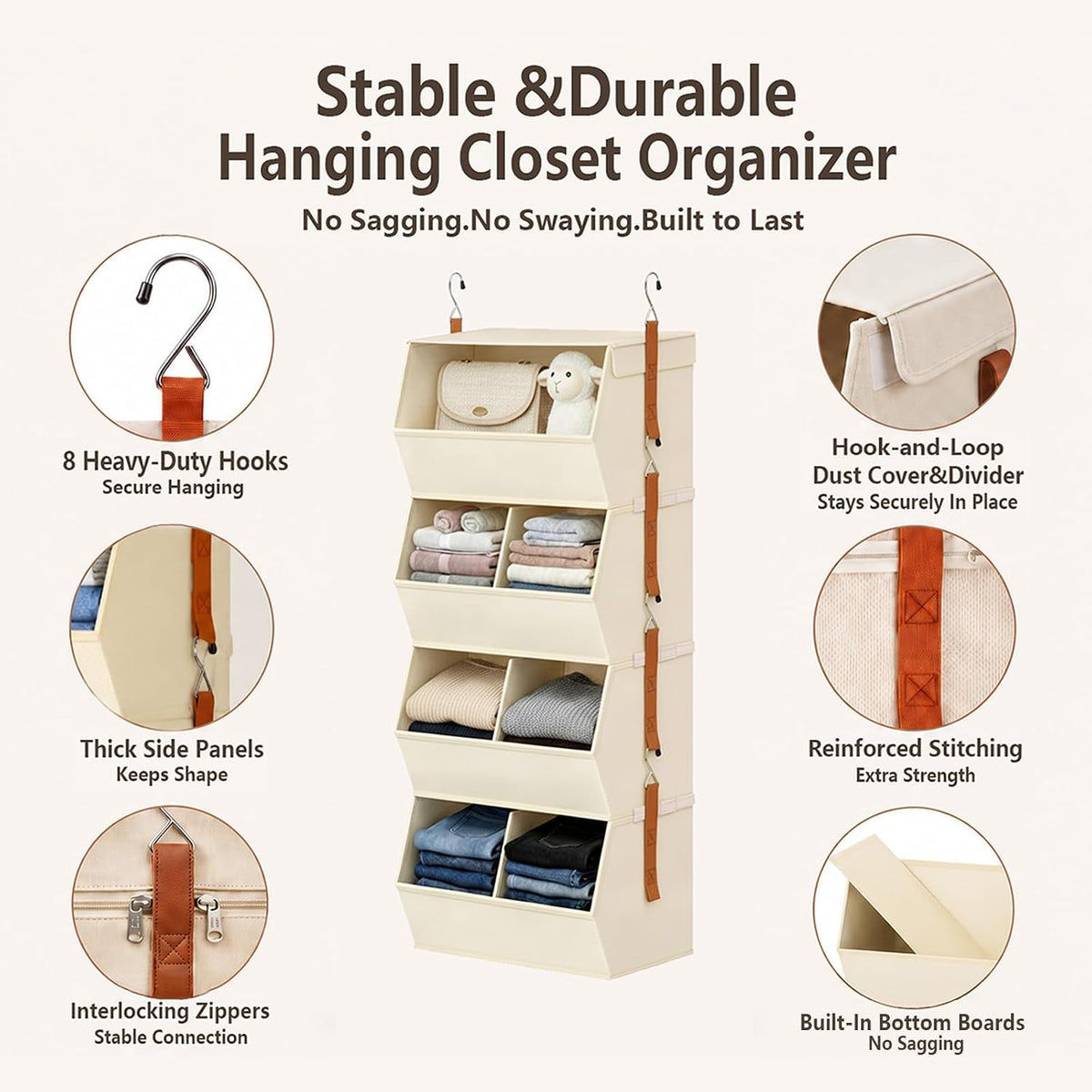 BABUFINE Hanging Closet Organizer, 4-Tier Wide Shelves with Cover, Divider