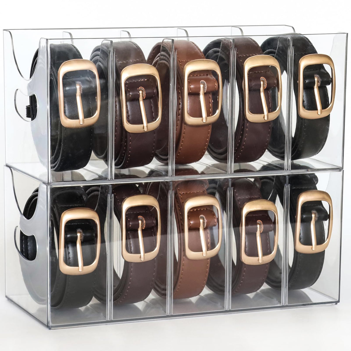 Belt Organizer - 2 Pack Clear Stackable Belt holder For Closet Drawer Storage - 5 Compartments with Removable Dividers, Multi-Purpose Display Bins With Inserts For Ties,Socks,underwear (2)