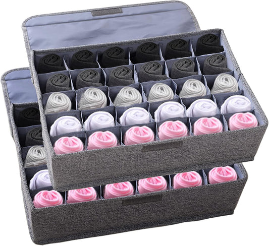 MURRI&MURRDI 2 Packs Sock and Underwear Storage Closet Organizer with Lids, 30 Cells Foldable Drawer Divider, Linen Cotton Storage Box Bin for Lingerie, Ties, Scarves, Grey
