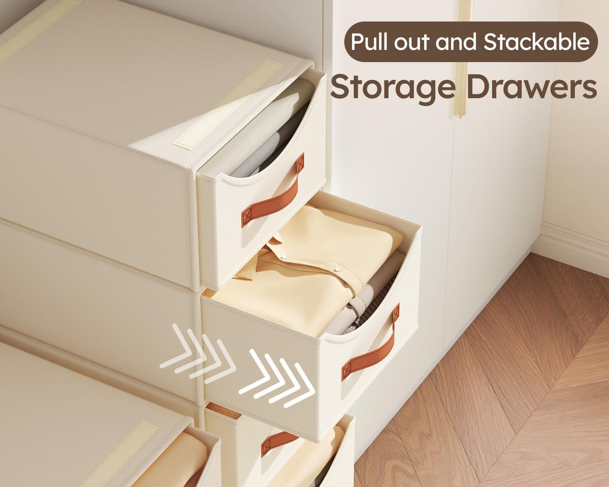 Homsorout Stackable Storage Drawers - Collapsible Storage Bins with Drawers, 4 Pack Closet Shelf Organizer Basket, Fabric Pull Out Organizer for Bedroom, Living Room, Dorm, Beige