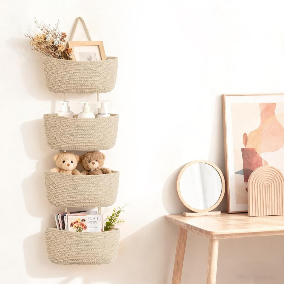 Dahey Over The Door Hanging Basket Storage 4-Tier Woven Wall Basket, Jute