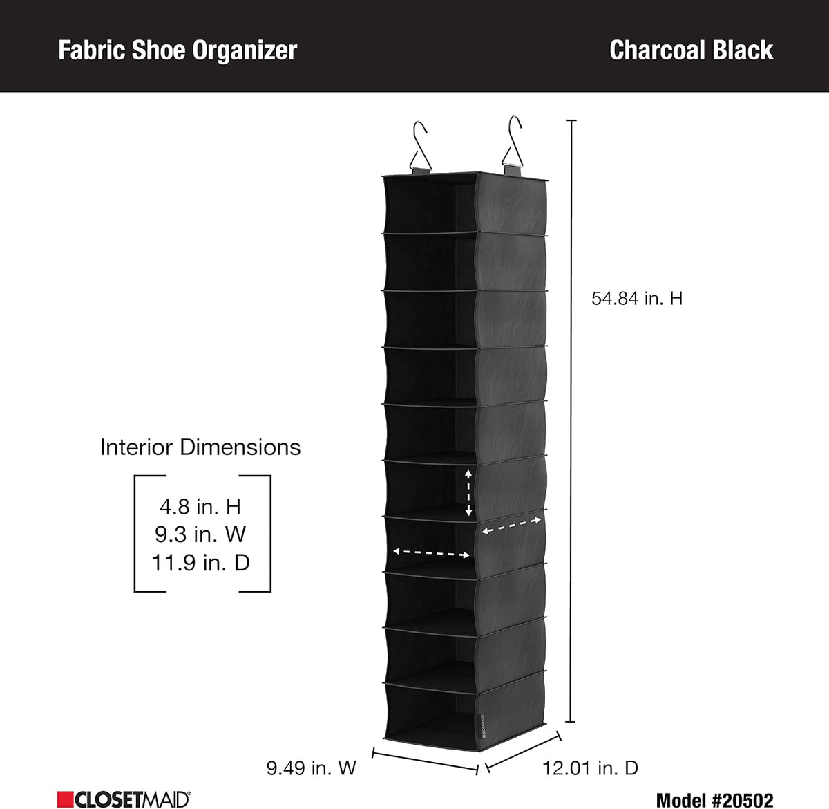ClosetMaid 10-Shelf Fabric Hanging Shoe Storage Organizer for Closet, Charcoal Black