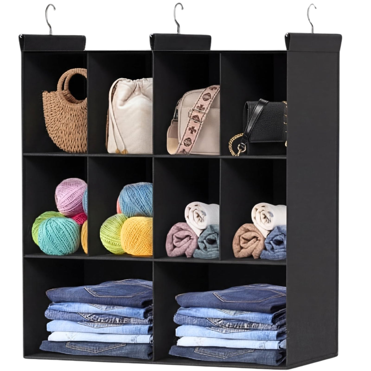 6 Tier Hanging Closet Organizer, 16 Compartments Dual Row Storage, Grey