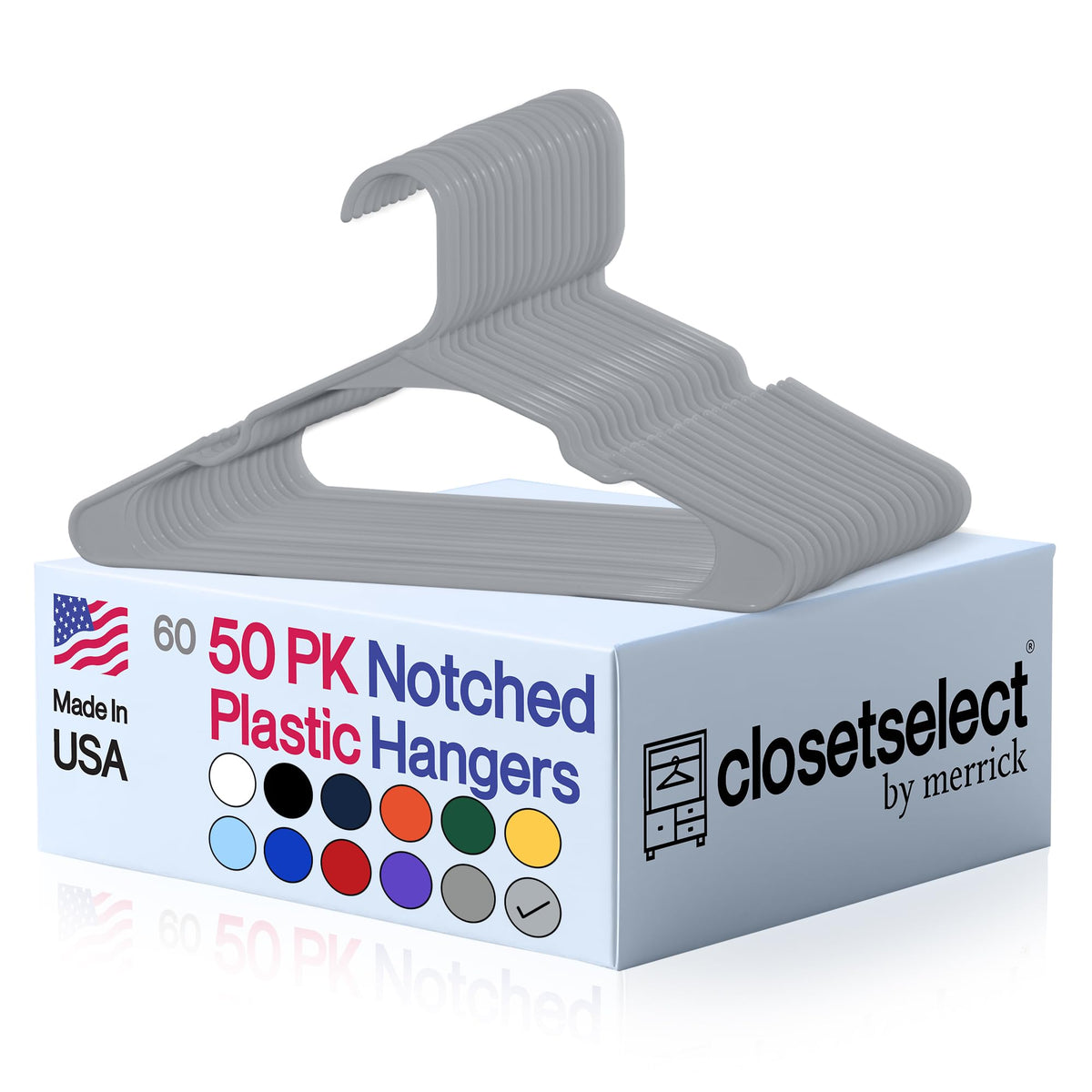 Closetselect Plastic Hangers 50 Pack, Strong Space Saving Notch Hanger, Made in USA, Perfect Shirt or Coat Plastic Hanger, with Shoulder Grooves, White, Notched