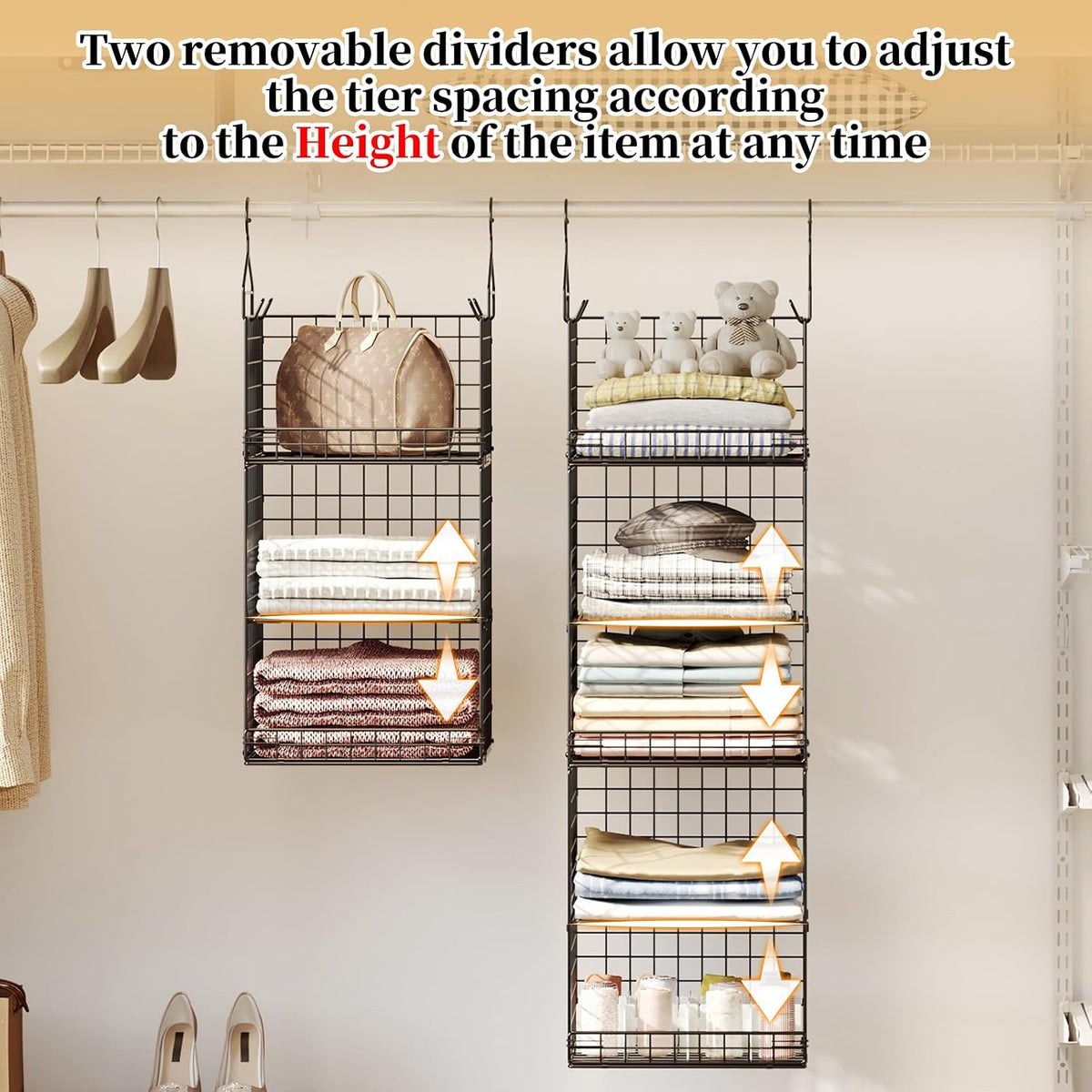 Yuyetuyo 5 Tier Closet Hanging Organizer and Storage Separable Hanging Closet Shelves with 4 Hooks 2 Adjustable Dividers, Wire Storage Basket Bins for Clothing Sweaters Socks Dolls Handbags, Foldable