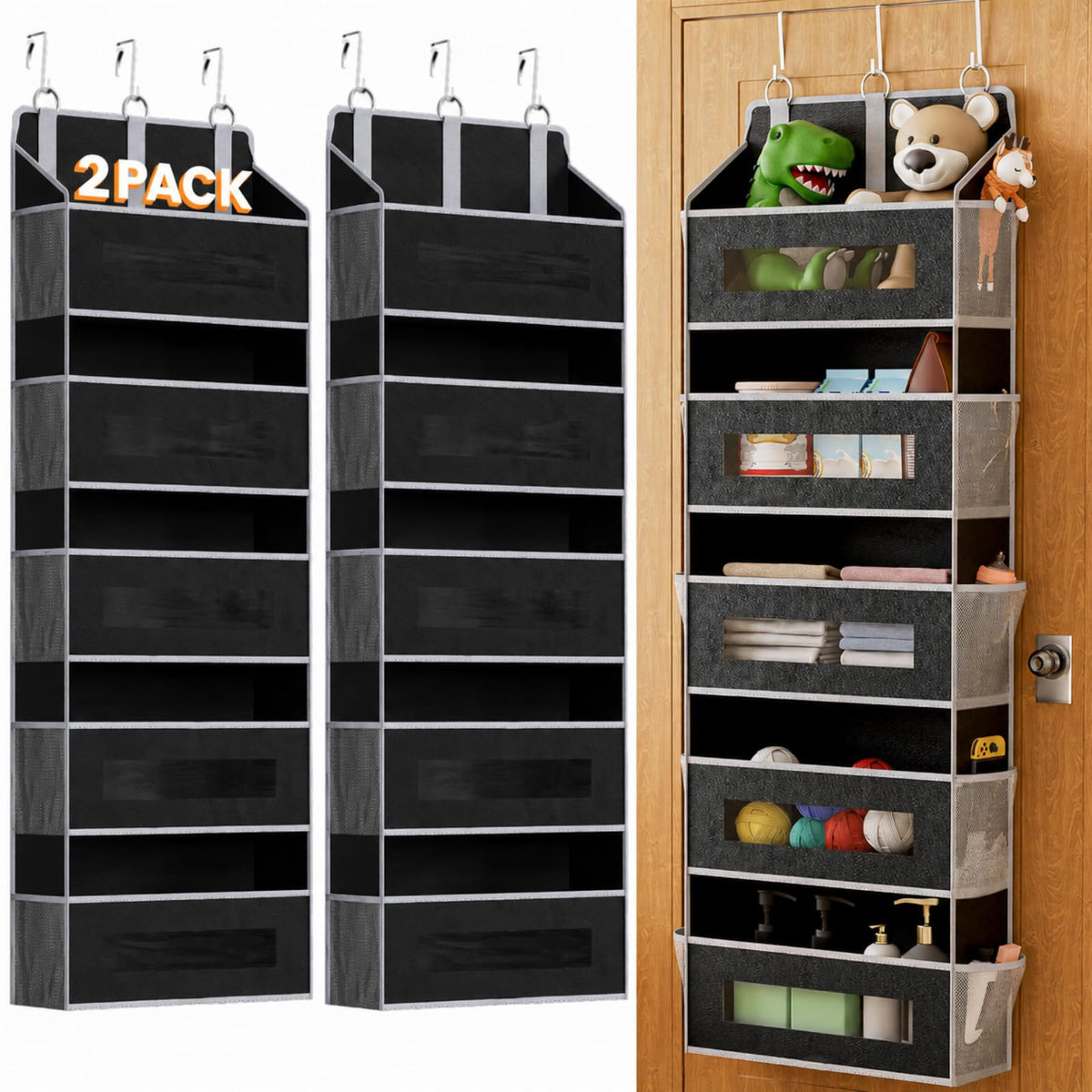 2 Pack 5 Tier Over the Door Organizer for Bathroom, Bedroom, Pantry, Grey