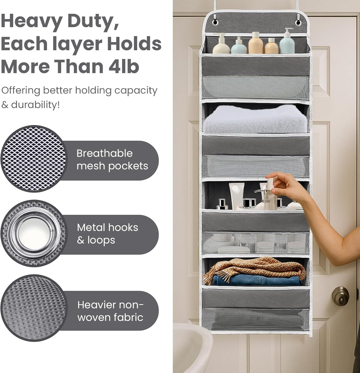 Over the Door Organizer 4 Shelves & 4 Side Pockets, Hanging Door Storage