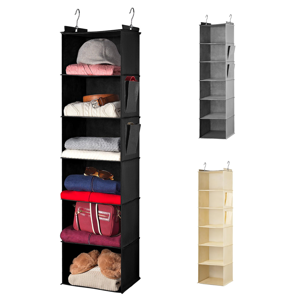 Handy Laundry Hanging Closet Organizer - 6 Shelf Storage for Clothes, Sweaters, Shoes & Accessories - Space-Saving Wardrobe Shelves with Hooks for Dorm, RV & Small Closet Organization (Grey)