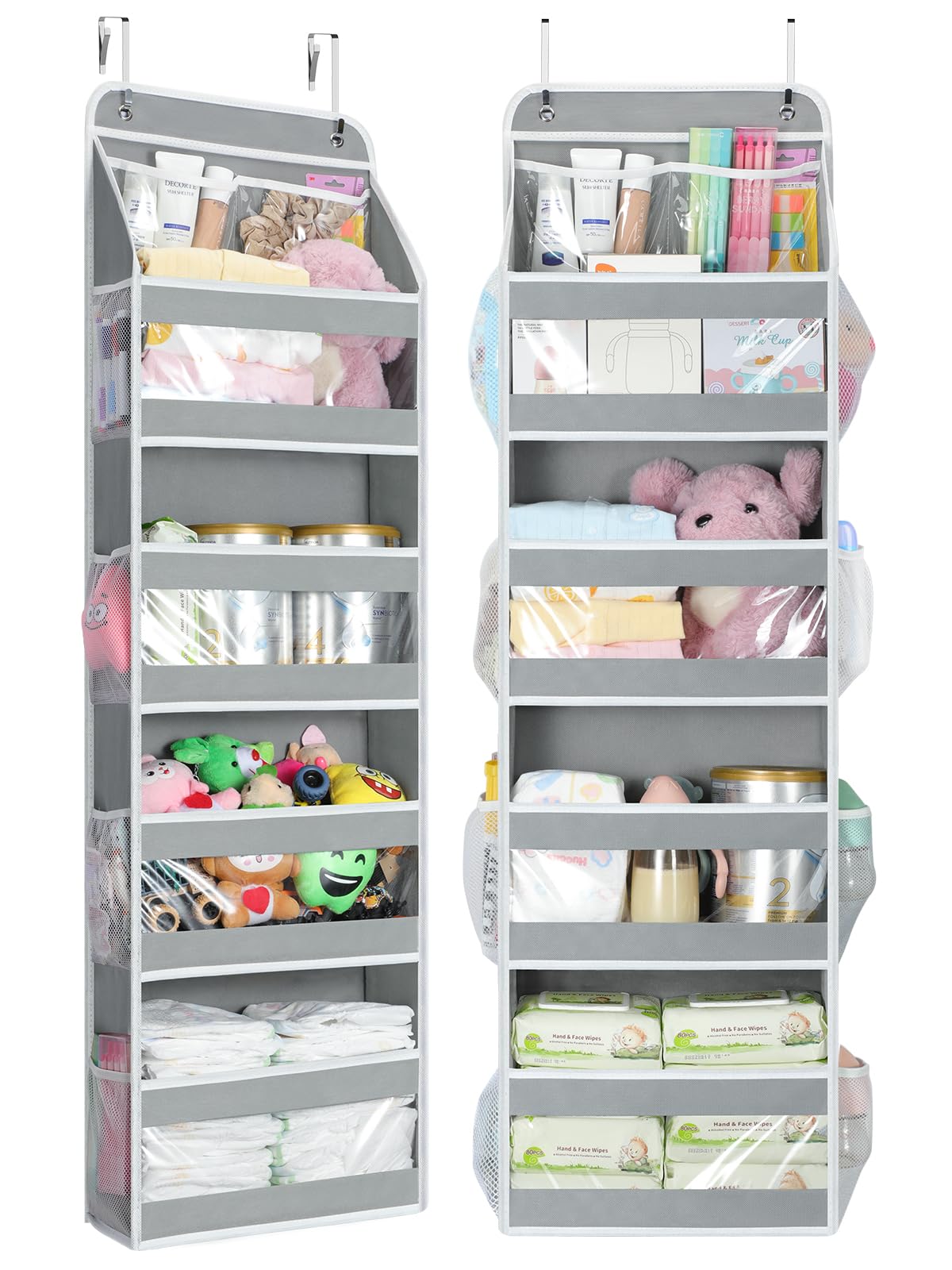 Yecaye 5 Tier Over the Door Organizer, Swing-proof Door Organizer Hanging with Clear PVC Windows, Behind the Door Storage for Bedroom Nursery Closet Laundry Pantry Bathroom, Grey