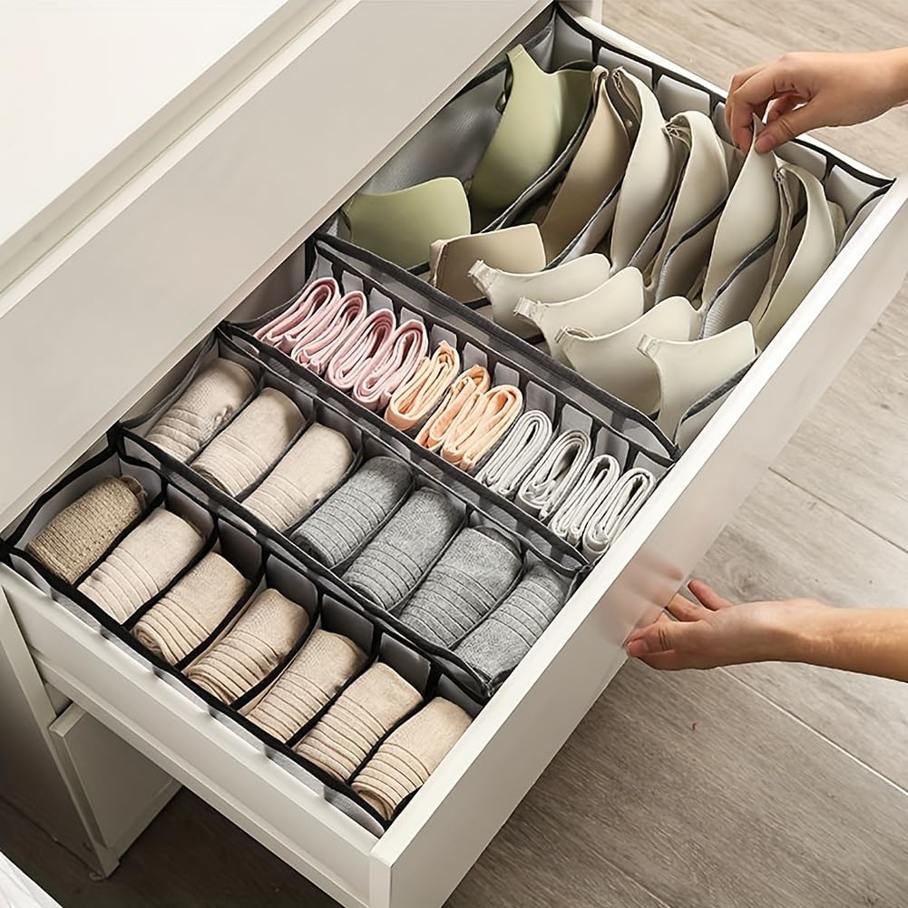 3 Pack Drawer Organizer Bins, Foldable Mesh Underwear Storage Dividers, Separate Grid Organizer for Bra Socks Lingerie Panties Closet Drawer Storage