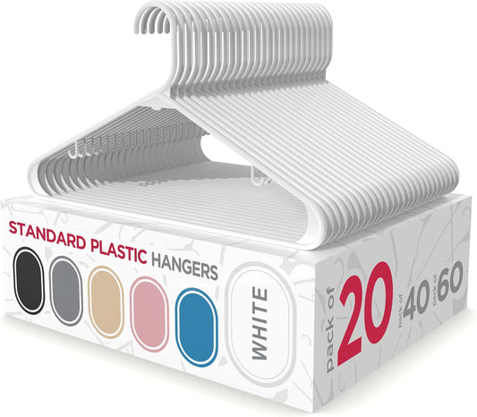 Sharpty Plastic Hangers Clothes Hangers for Clothing, Closet, Coats & Shirts - Durable, Thick, Tough & Space Saving - for Everyday Standard Use, Room Essentials & Basics - 20 Pack - White