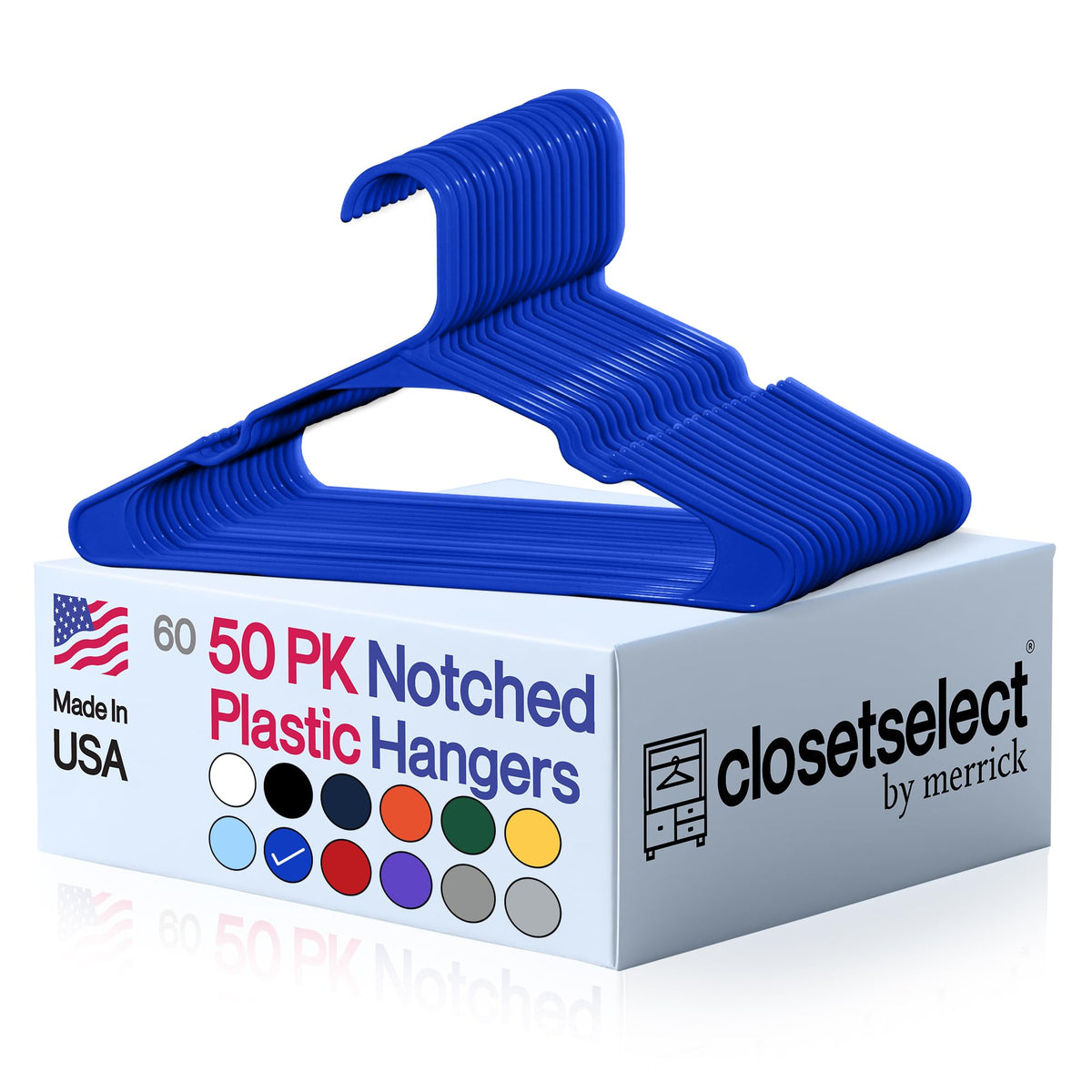 Closetselect Plastic Hangers 50 Pack, Strong Space Saving Notch Hanger, Made in USA, Perfect Shirt or Coat Plastic Hanger, with Shoulder Grooves, White, Notched