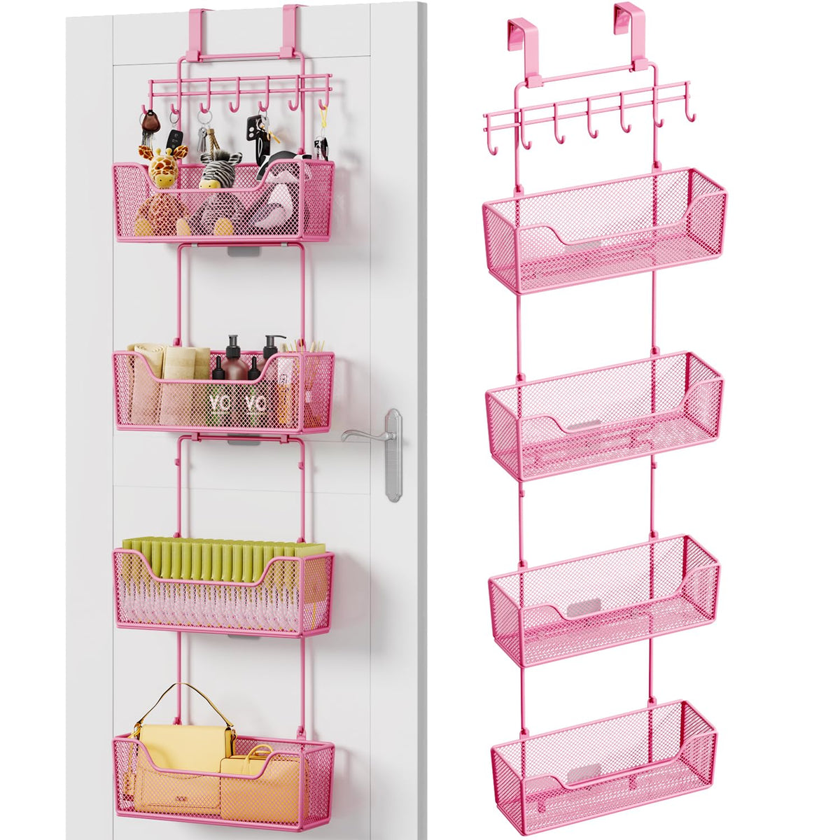 HapiRm Over The Door Organizer - Hanging Door Organizer with 4 Metal Large Capacity Baskets and Adjustable Coat Hook for Bathroom Bedroom Kitchen Pantry Closet Cabinet