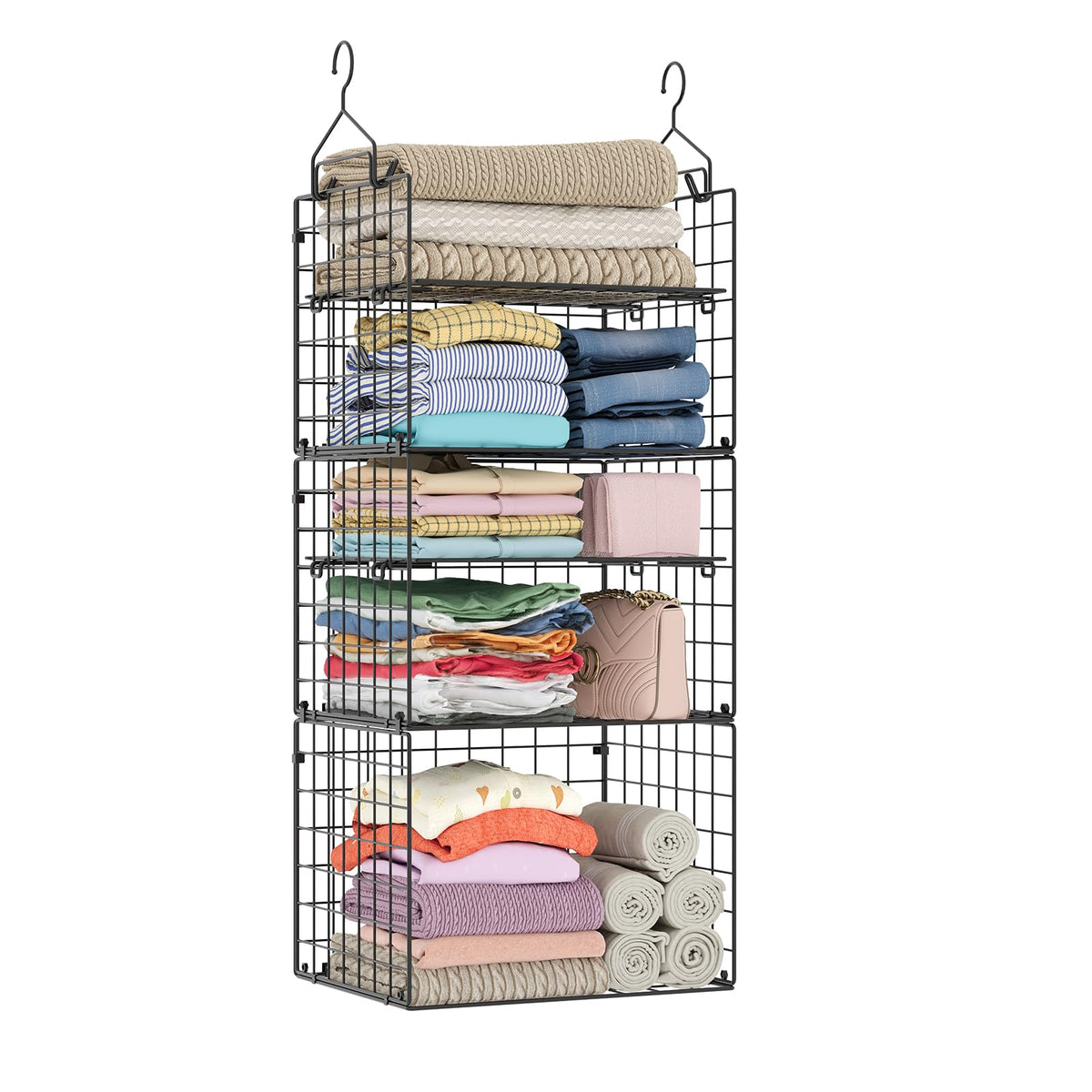 X-cosrack Closet Hanging Organizer and Storage - 5 Tier Hanging Shelves, Wire Closet Shelf Organizer Basket with Adjustable Dividers for Home Clothing Sweaters Shoes Handbags