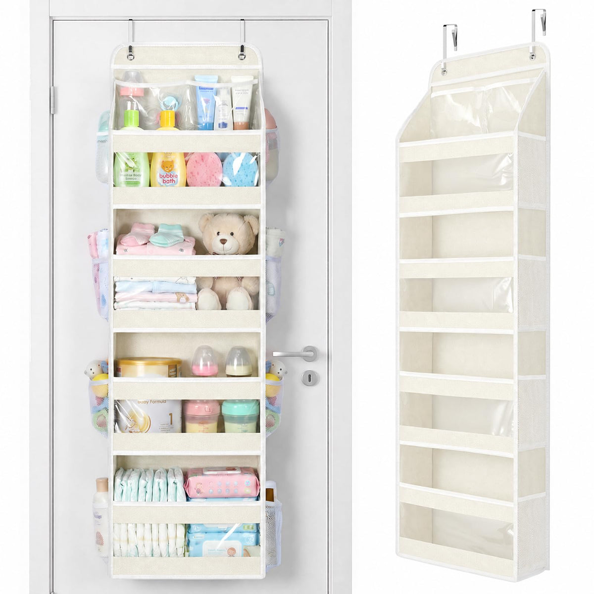 Yecaye 5 Tier Over the Door Organizer, Swing-proof Door Organizer Hanging with Clear PVC Windows, Behind the Door Storage for Bedroom Nursery Closet Laundry Pantry Bathroom, Grey