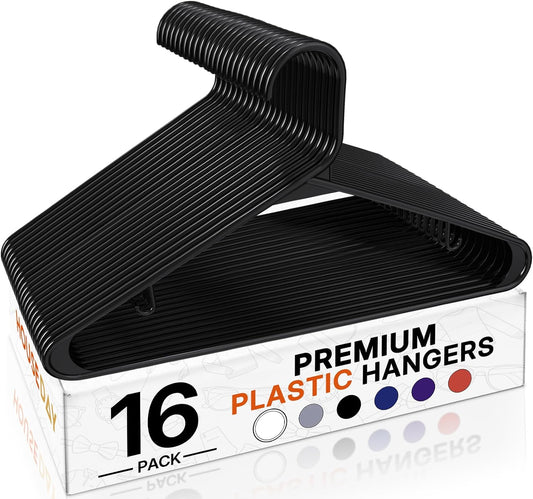 HOUSE DAY Black Plastic Hangers 16 Pack, Slim Space-Saving Clothes Hangers