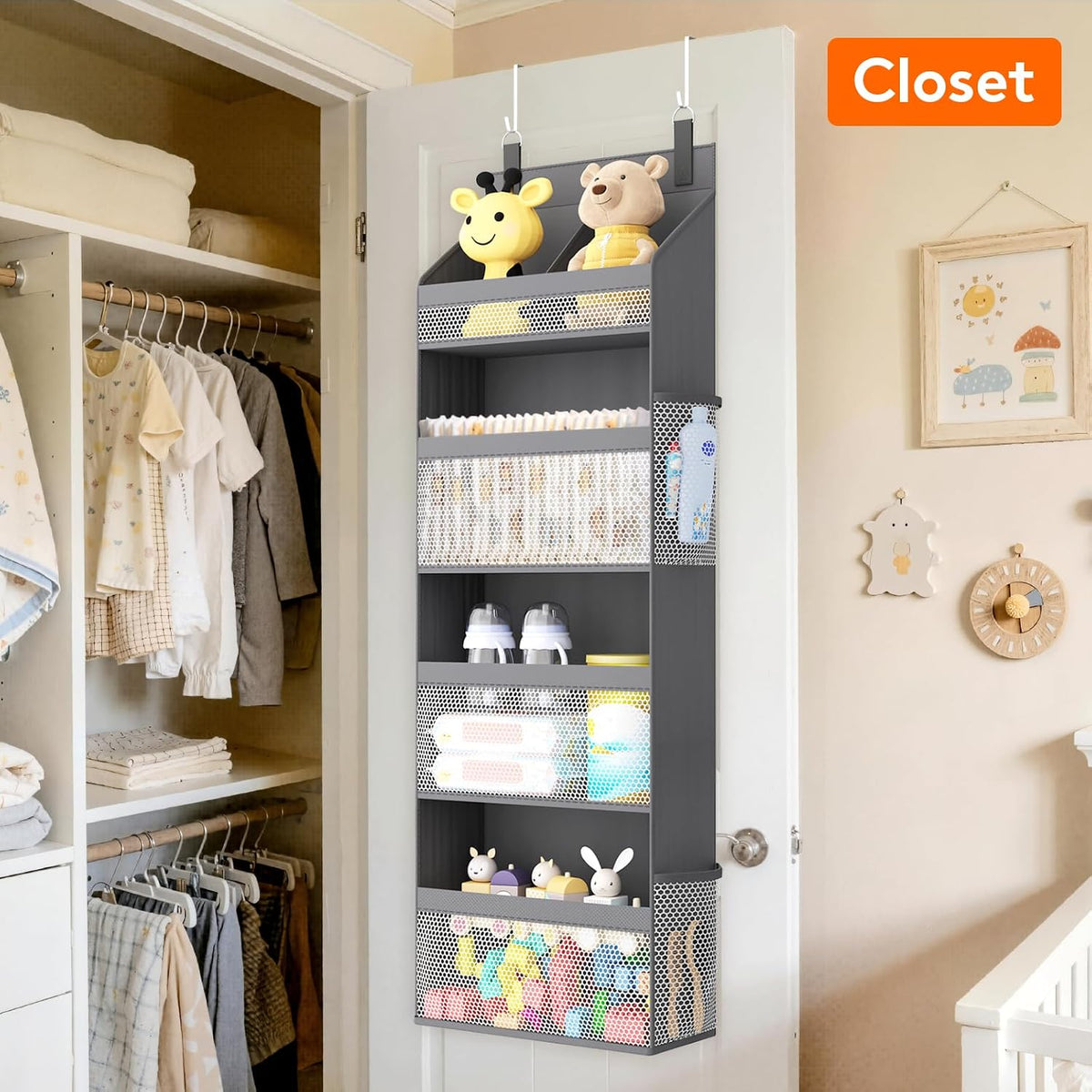 Lifewit 4 Tier Over the Door Organizer, Diaper Hanging Storage, Gray
