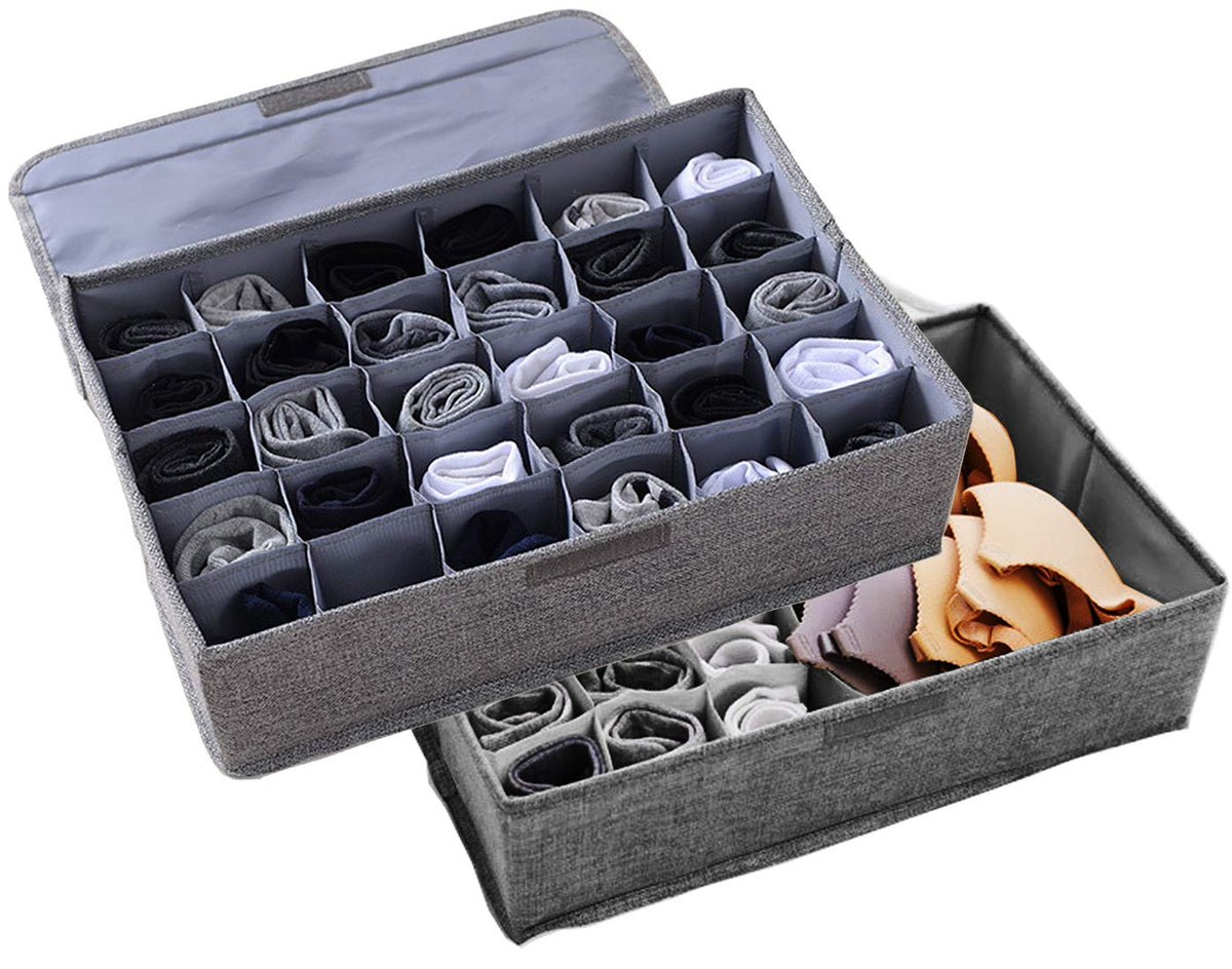 AARAINBOW 2 Packs Underwear Socks Ties Storage Organizer with Lids Foldable Closet Drawer Organizer 60 Cells, Fabric Drawer Wardrobe Divider Storage Boxes for Scarves and Lingerie (30 Cell, 2 Beige)