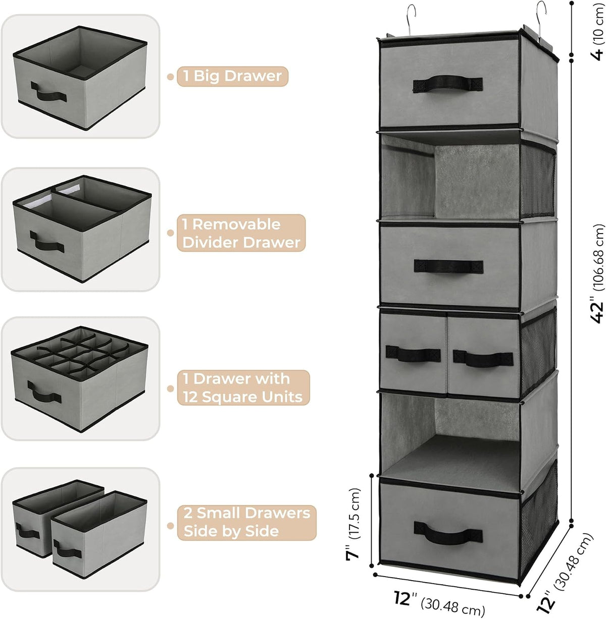 GRANNY SAYS Hanging Closet Organizer, 5 Drawers, 6 Shelves, 6 Pockets, Gray