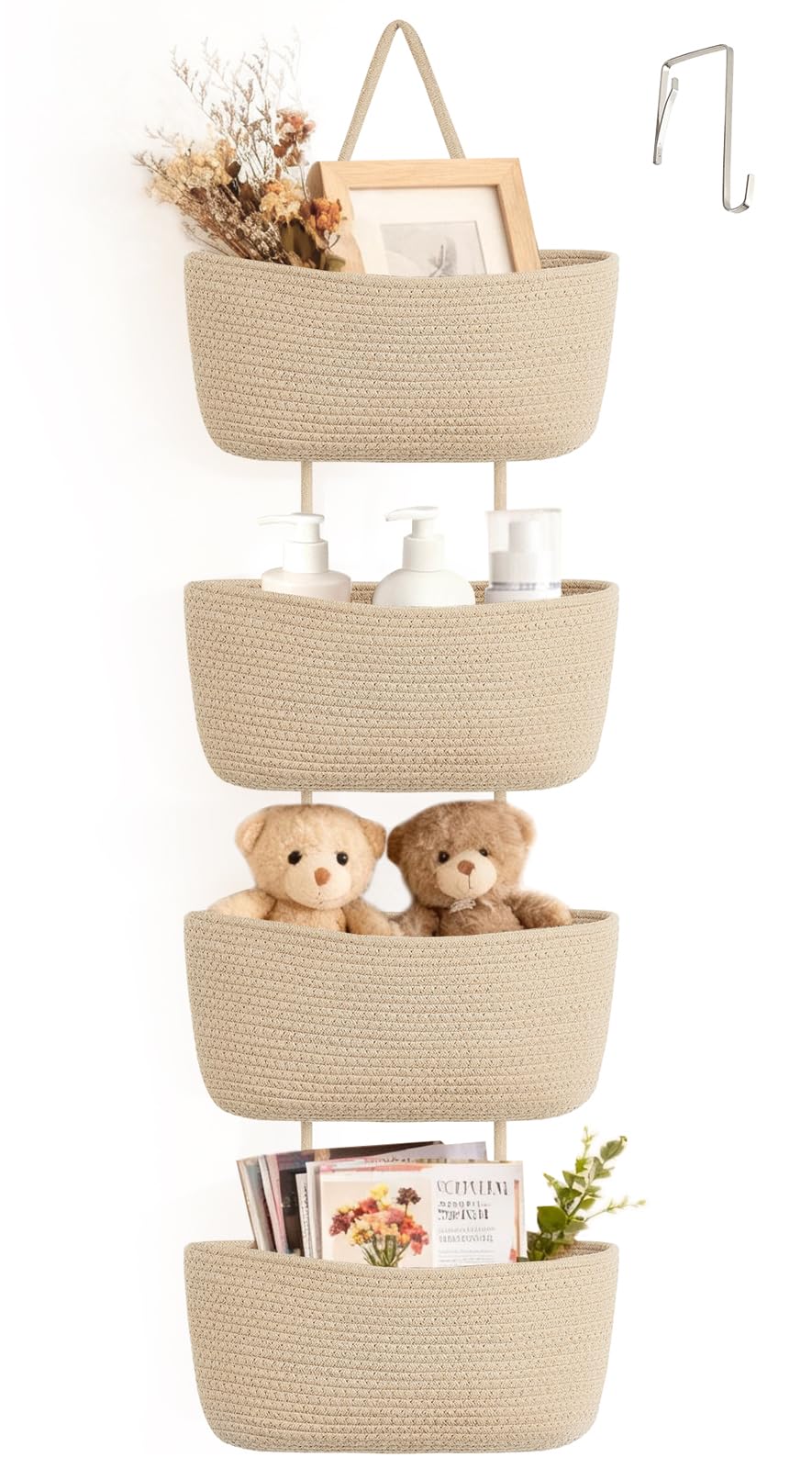 Dahey Over The Door Hanging Basket Storage 4-Tier Woven Wall Basket, Jute
