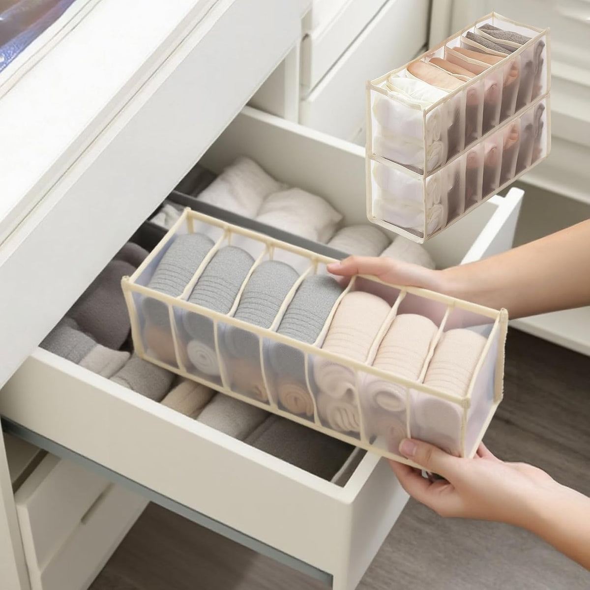 2-Pack Underwear Storage Organizer, 7-Compartment Foldable Drawer Divider for Home, Closet, and Travel Use, Mesh Fabric Organizer Box for Clothing
