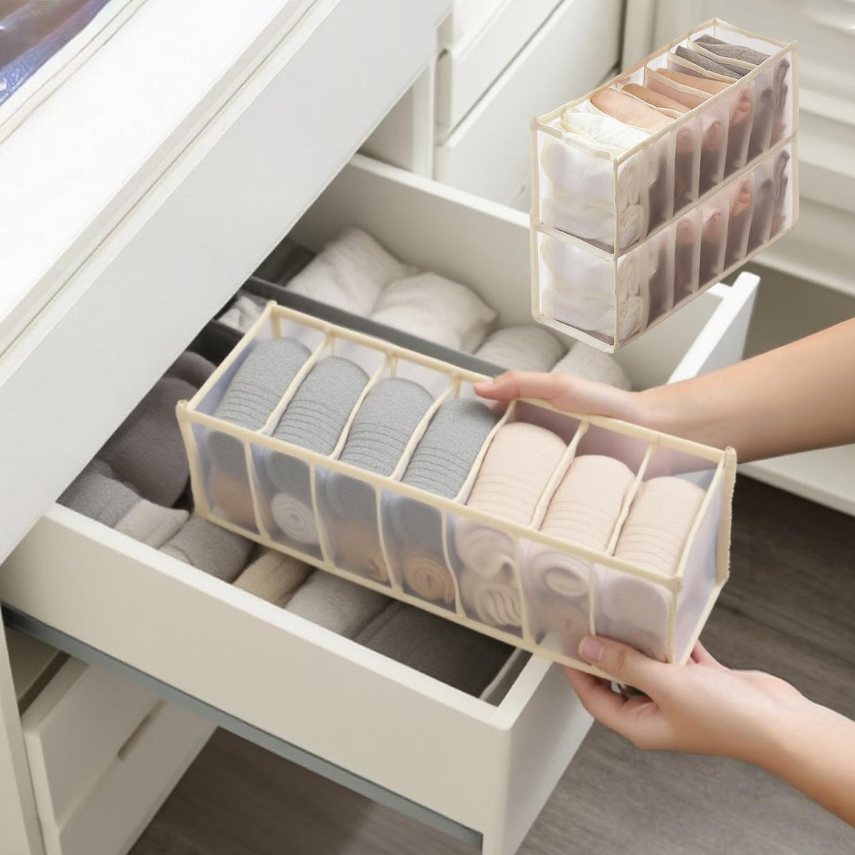 2-Pack Underwear Storage Organizer, 7-Compartment Foldable Drawer Divider for Home, Closet, and Travel Use, Mesh Fabric Organizer Box for Clothing