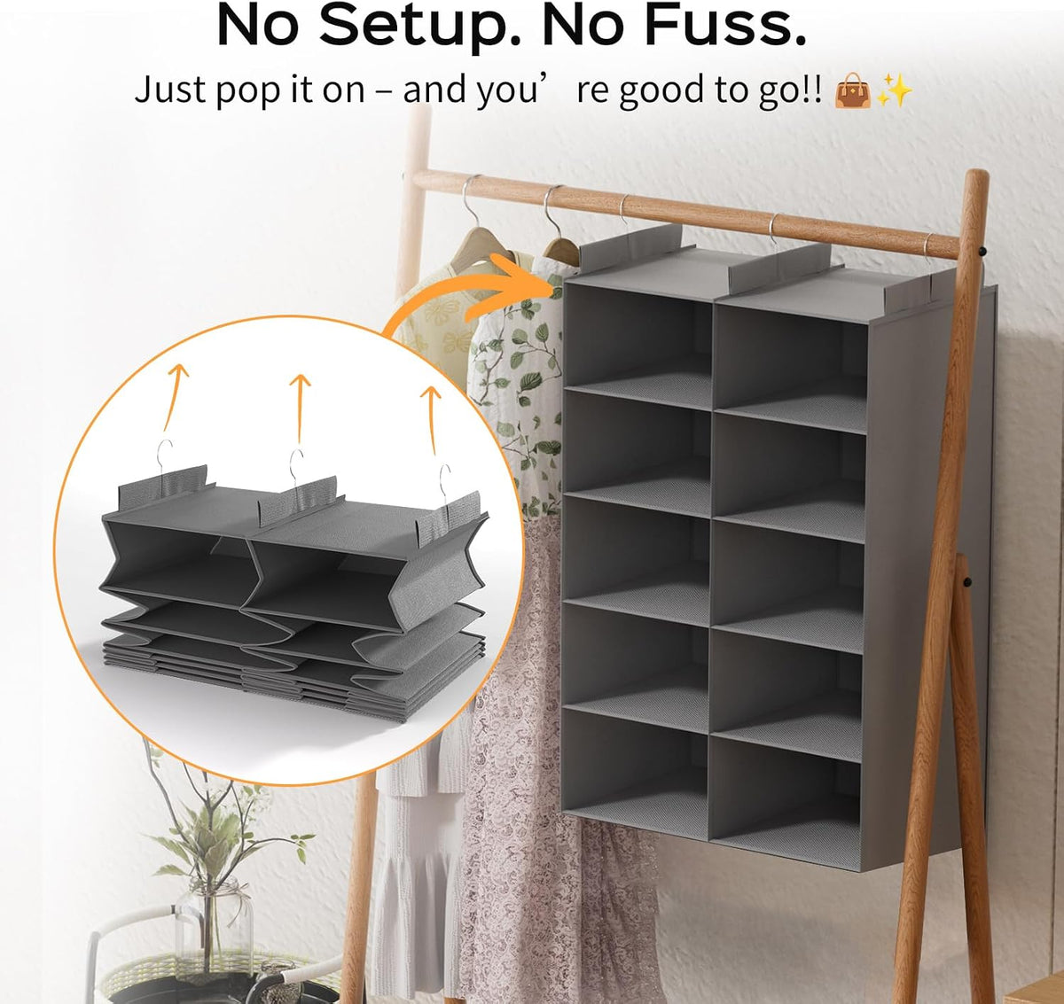 5 Tier Hanging Closet Organizer, Dual Row Wardrobe Storage with Hooks, Grey