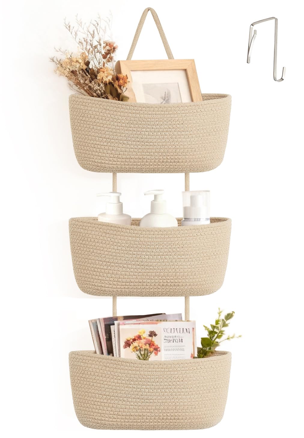 Dahey Over The Door Hanging Basket Storage 4-Tier Woven Wall Basket, Jute