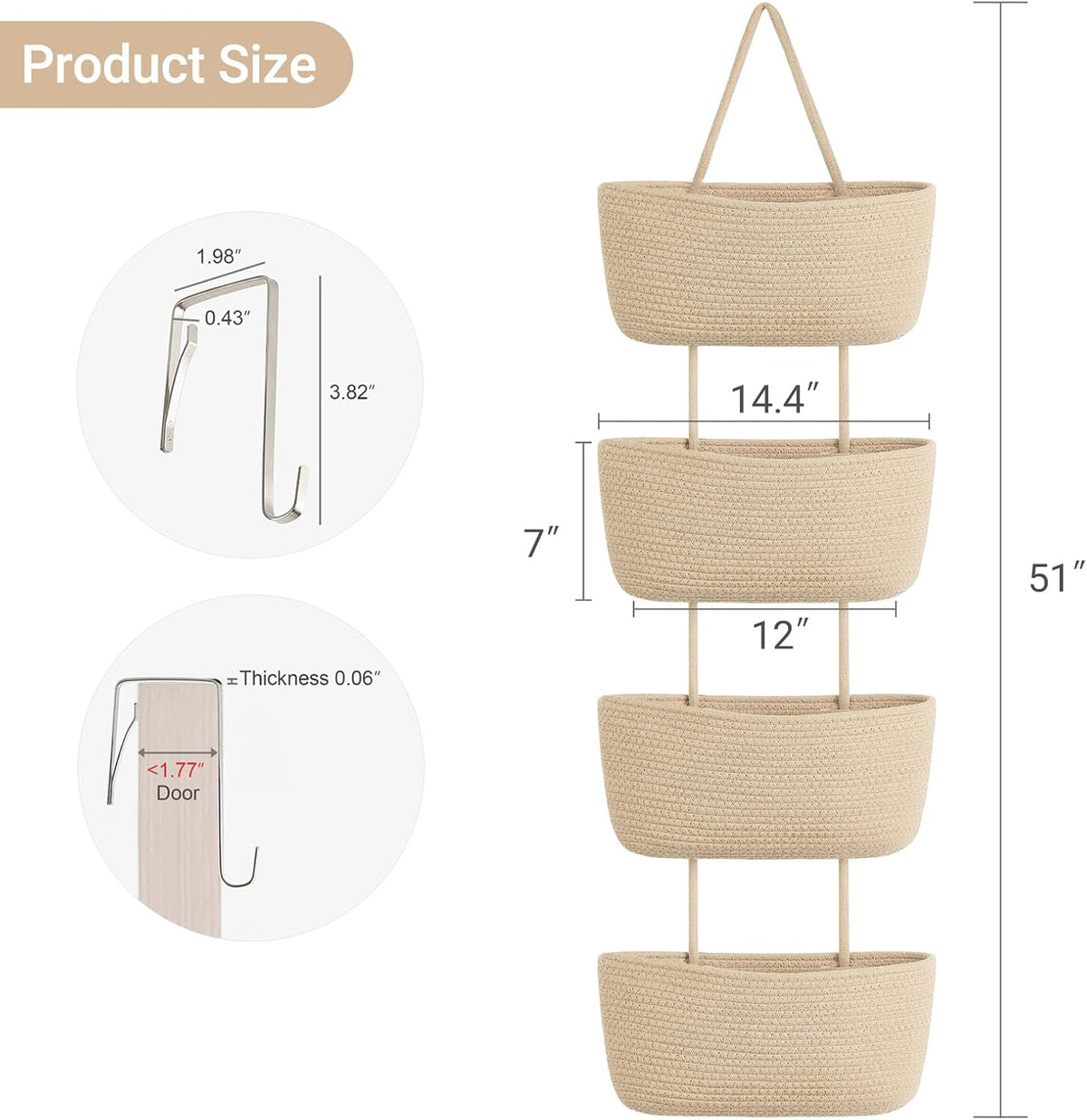 Dahey Over The Door Hanging Basket Storage 4-Tier Woven Wall Basket, Jute
