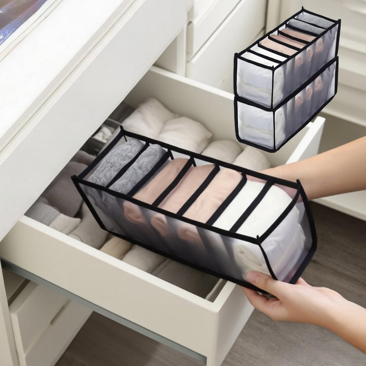 2-Pack Underwear Storage Organizer, 7-Compartment Foldable Drawer Divider for Home, Closet, and Travel Use, Mesh Fabric Organizer Box for Clothing