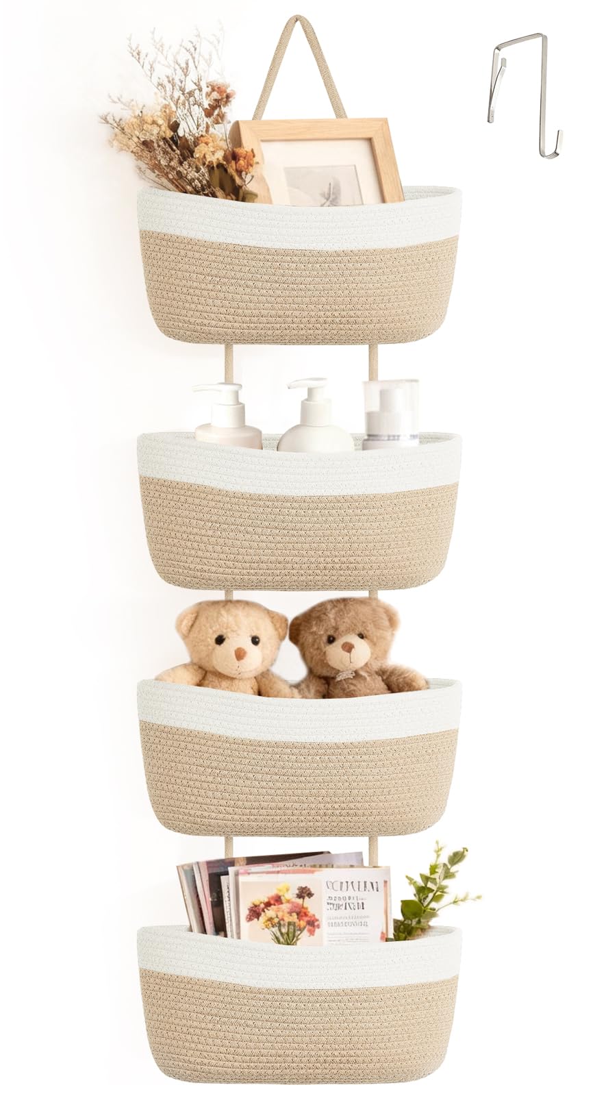 Dahey Over The Door Hanging Basket Storage 4-Tier Woven Wall Basket, Jute