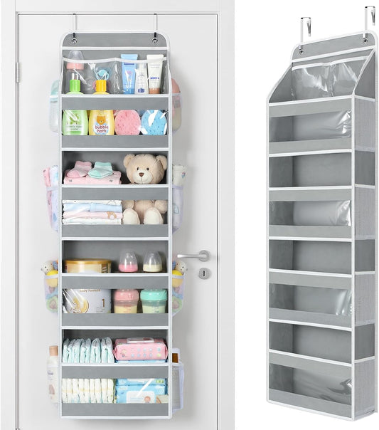 Yecaye 5 Tier Over the Door Organizer, Swing-proof Door Organizer Hanging with Clear PVC Windows, Behind the Door Storage for Bedroom Nursery Closet Laundry Pantry Bathroom, Grey