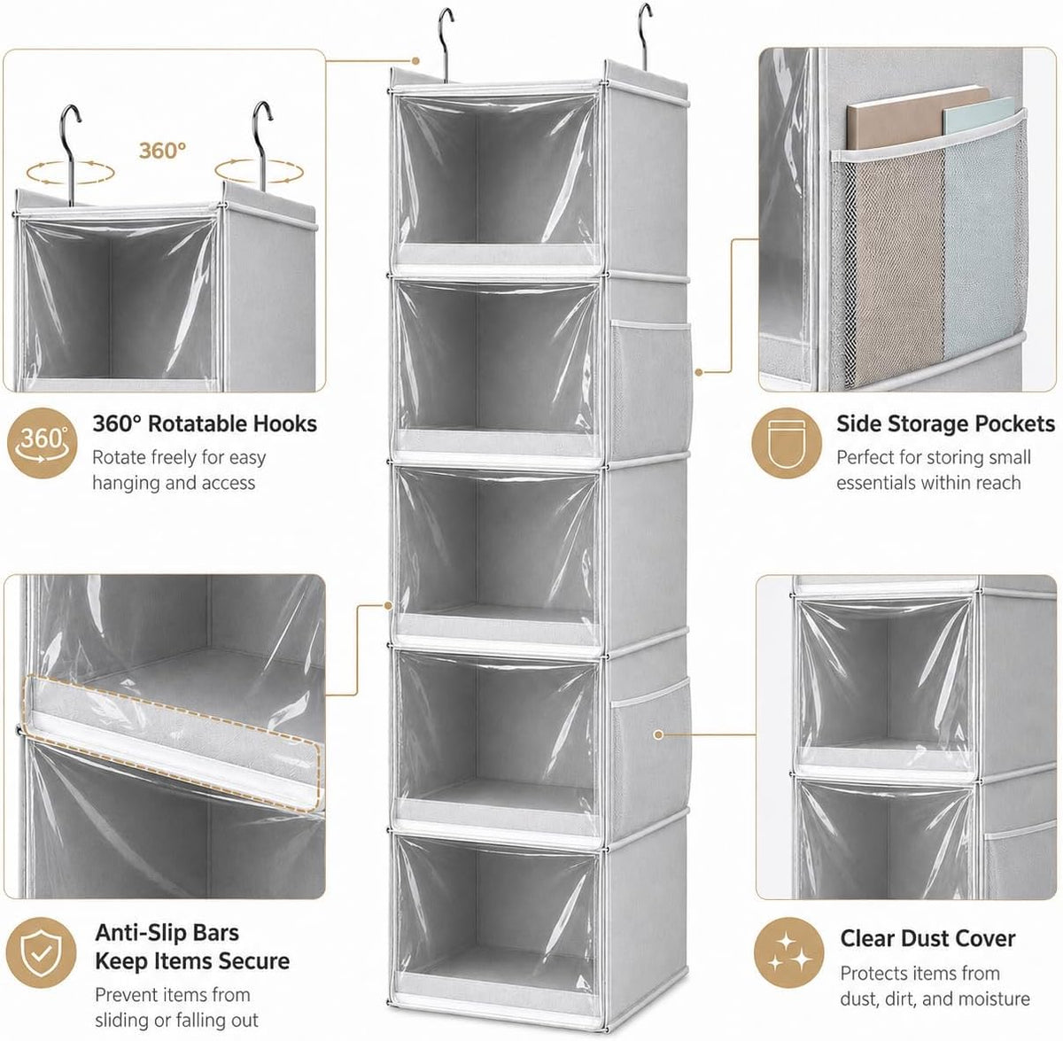 Vailando 5-Shelf Hanging Closet Organizer with Clear Dust Covers, Gray