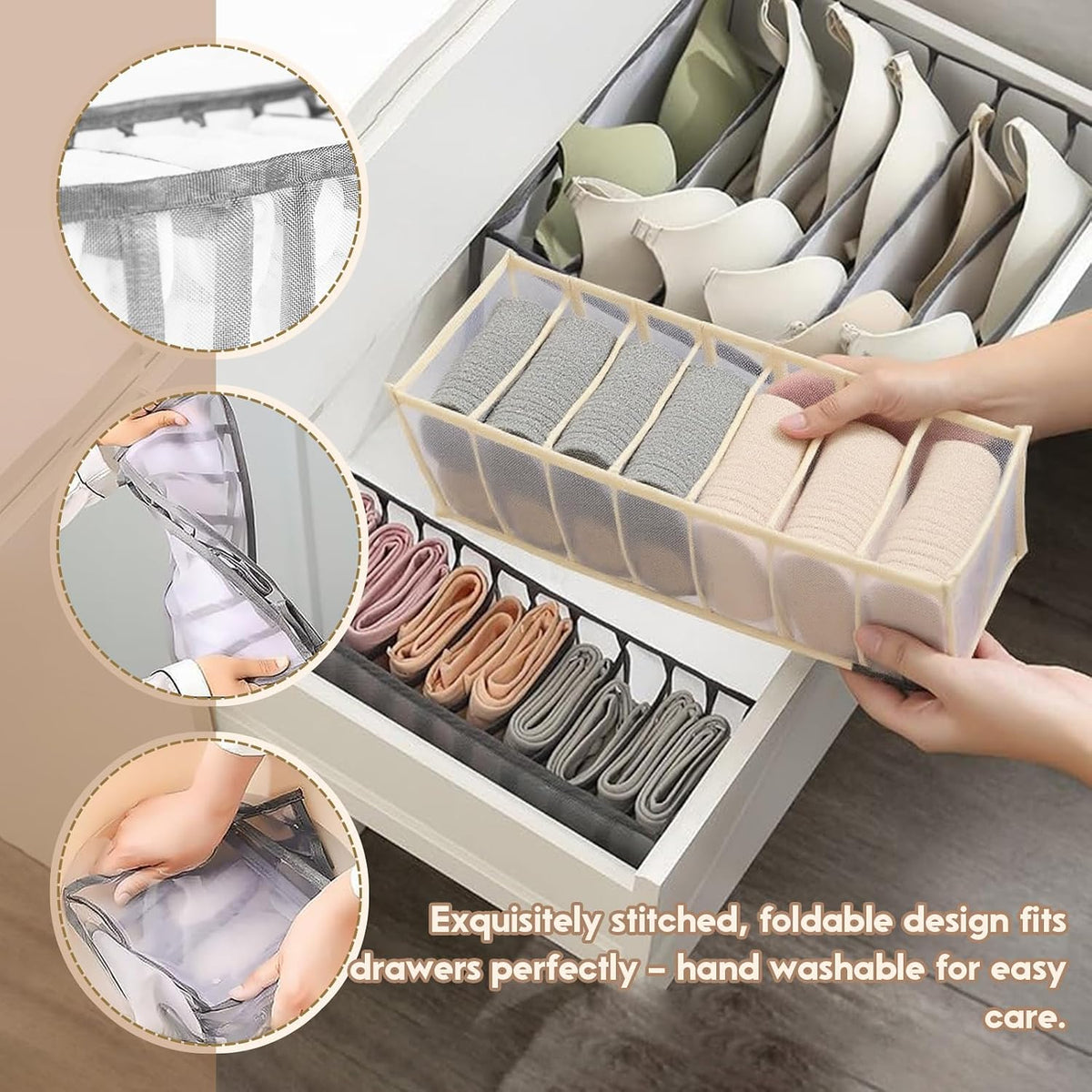 2-Pack Underwear Storage Organizer, 7-Compartment Foldable Drawer Divider for Home, Closet, and Travel Use, Mesh Fabric Organizer Box for Clothing
