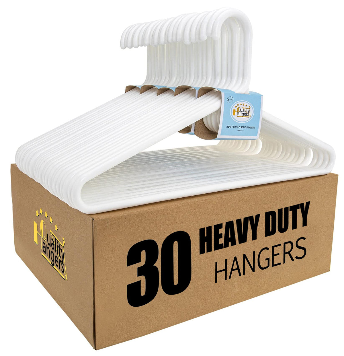 Quality White Plastic Hangers 30 Pack - Super Thick Heavy Duty Multipack for Clothes - Strong Standard Closet Clothing Hangers with Hook for Scarves and Belts-17 for Coats (White, 30)