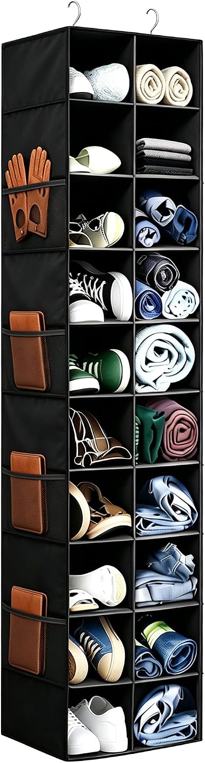Hanging Shoe Organizer for Closet - 20 Extended Sections Closet Shoe Storage Rack with 8 Side Mesh Pockets, Foldable Shelves Holder for Clothes Shoes Shirts Jeans Hats