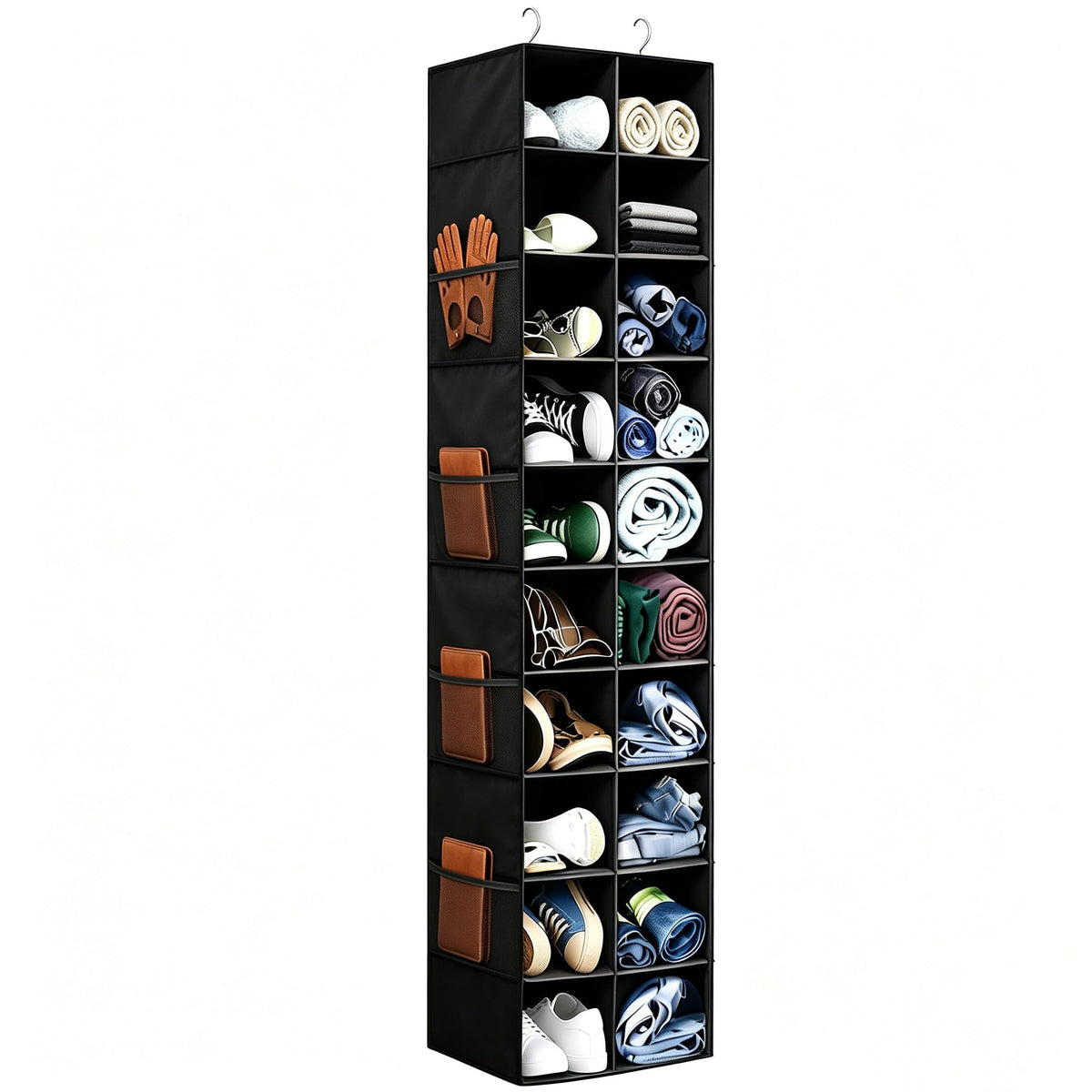 Hanging Shoe Organizer for Closet - 20 Extended Sections Closet Shoe Storage Rack with 8 Side Mesh Pockets, Foldable Shelves Holder for Clothes Shoes Shirts Jeans Hats