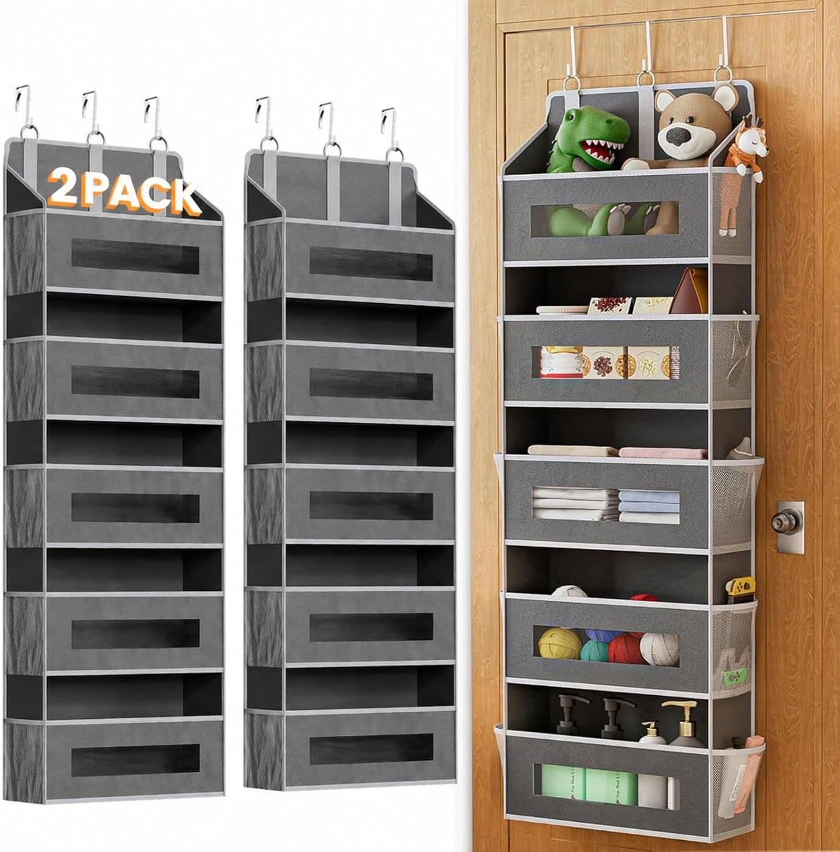 2 Pack 5 Tier Over the Door Organizer for Bathroom, Bedroom, Pantry, Grey