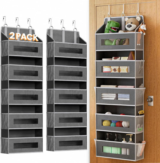 2 Pack 5 Tier Over the Door Organizer for Bathroom, Bedroom, Pantry, Grey