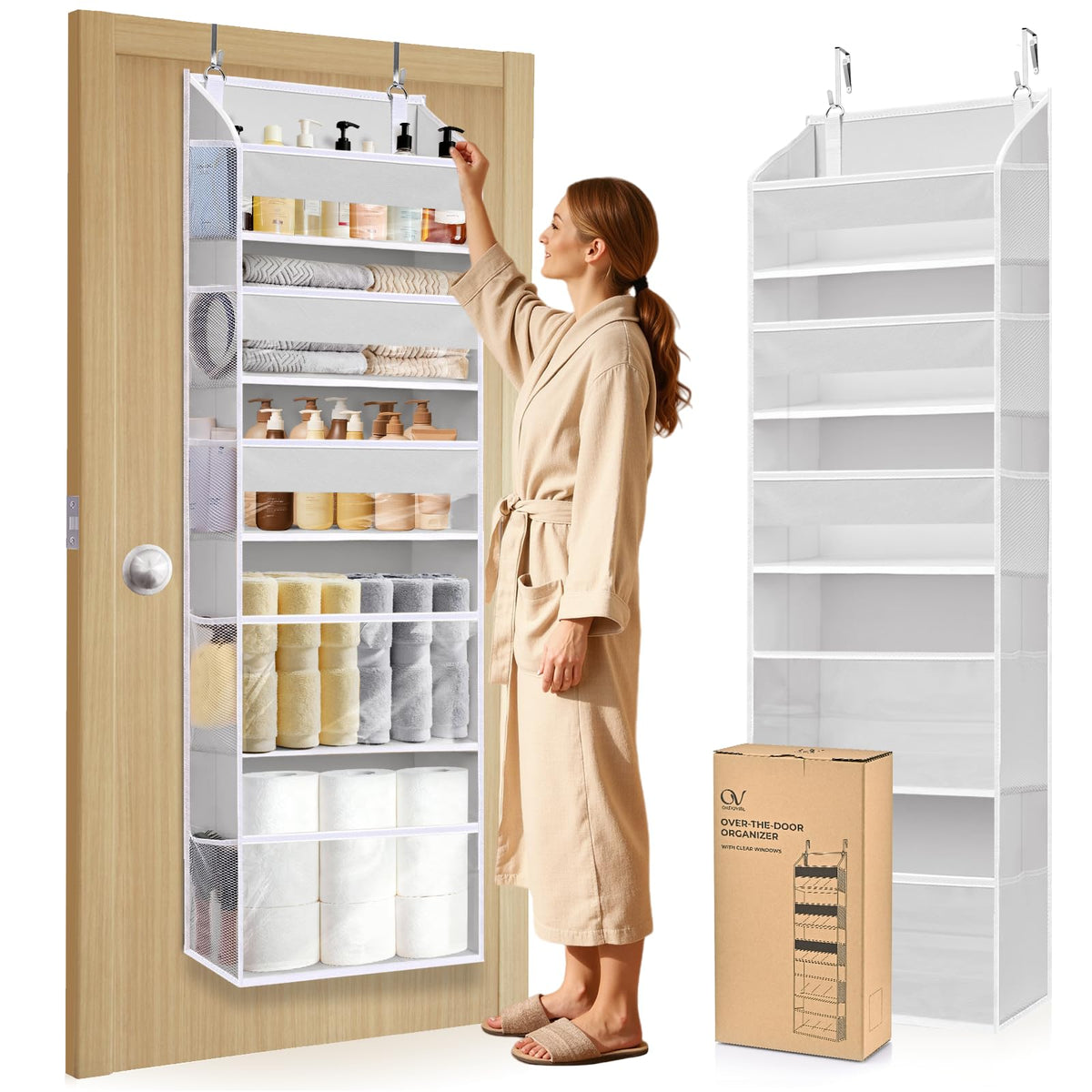 5 Tiers Over the Door Organizer with 10 Mesh Side Pockets, 44 lbs Weight Capacity Closet Hanging Storage Organizer with Large Clear Window Kids Toys, Shoes, Diapers, Beige