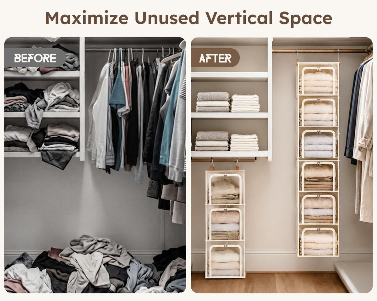 Homsorout 6-Tier Modular Hanging Closet Organizer Shelves, Beige